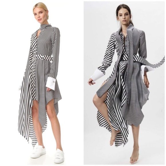 MONSE Asymmetric Striped Silk Twill Bow Tie Midi Dress In White Black Size 2 - Picture 3 of 14